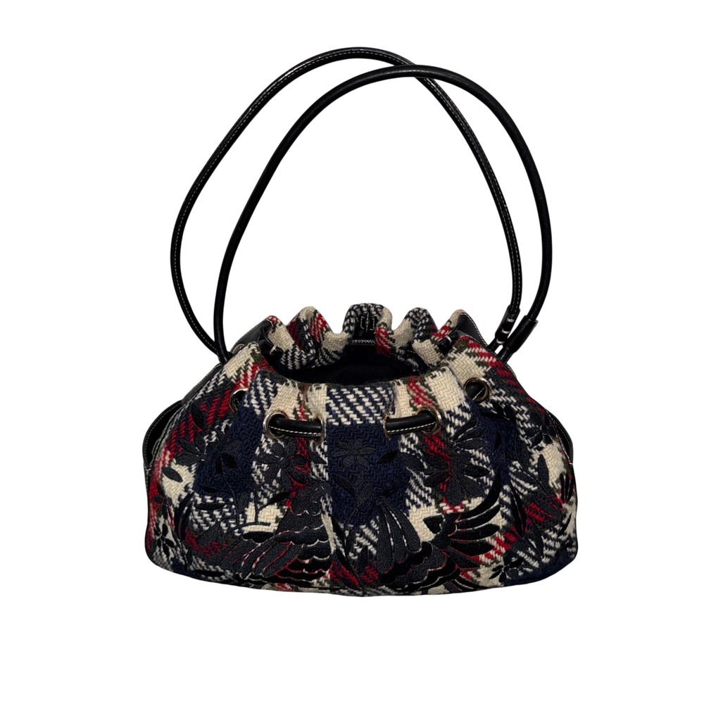 Kate Spade New York Plaid Tweed Leather Drawstring Bucket Bag‎ Purse